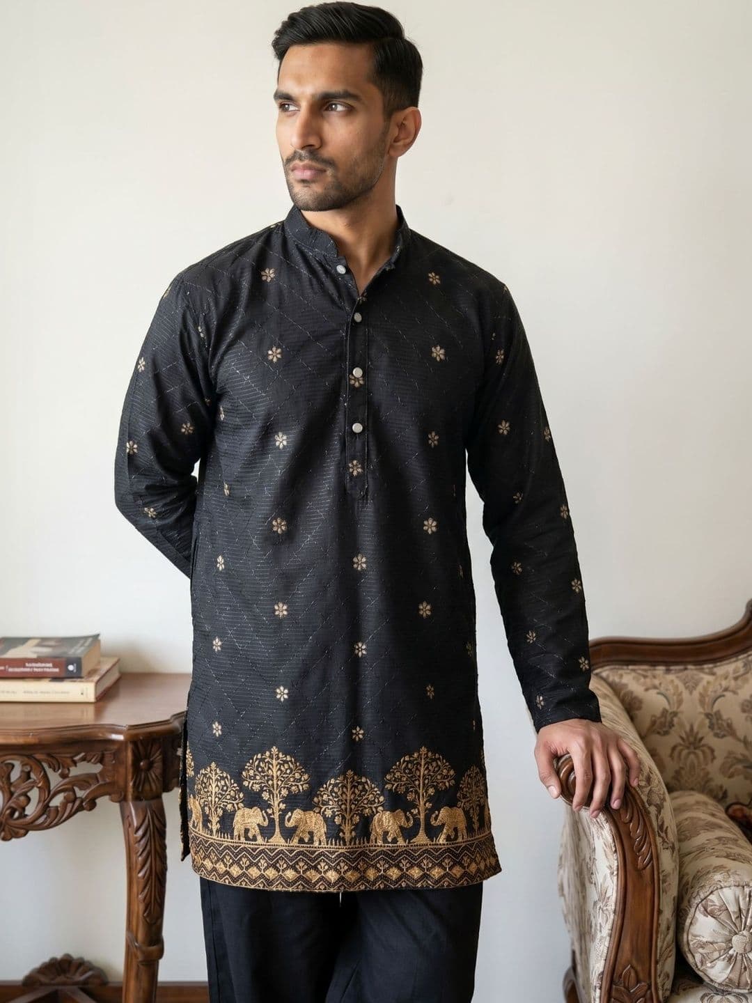 Jompers Men Floral Embroidered Thread Work Floral Kurta - view 1