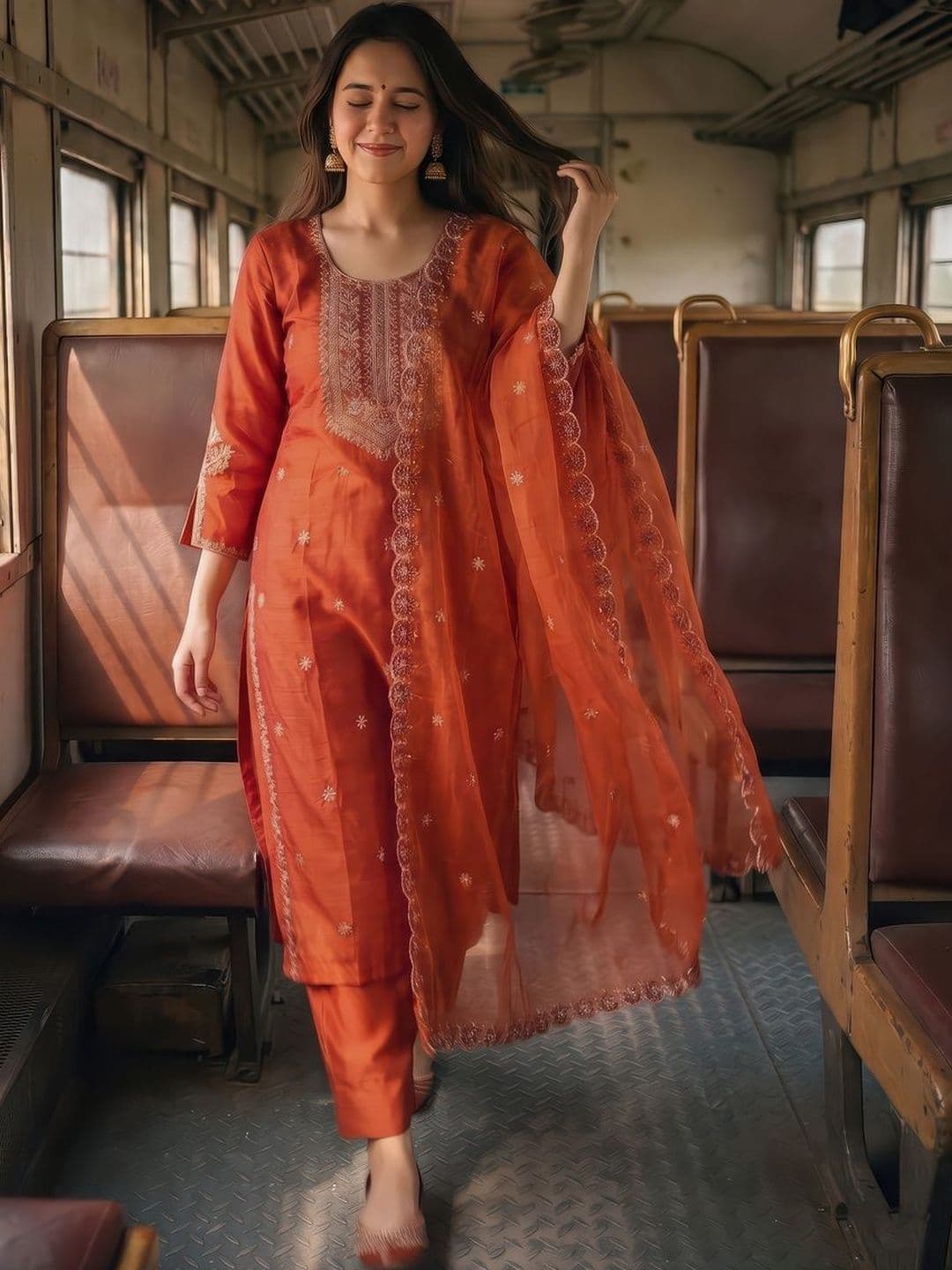 Moda Rapido Women Ethnic Motifs Embroidered Regular Thread Work Kurta with Trousers & With Dupatta - view 1
