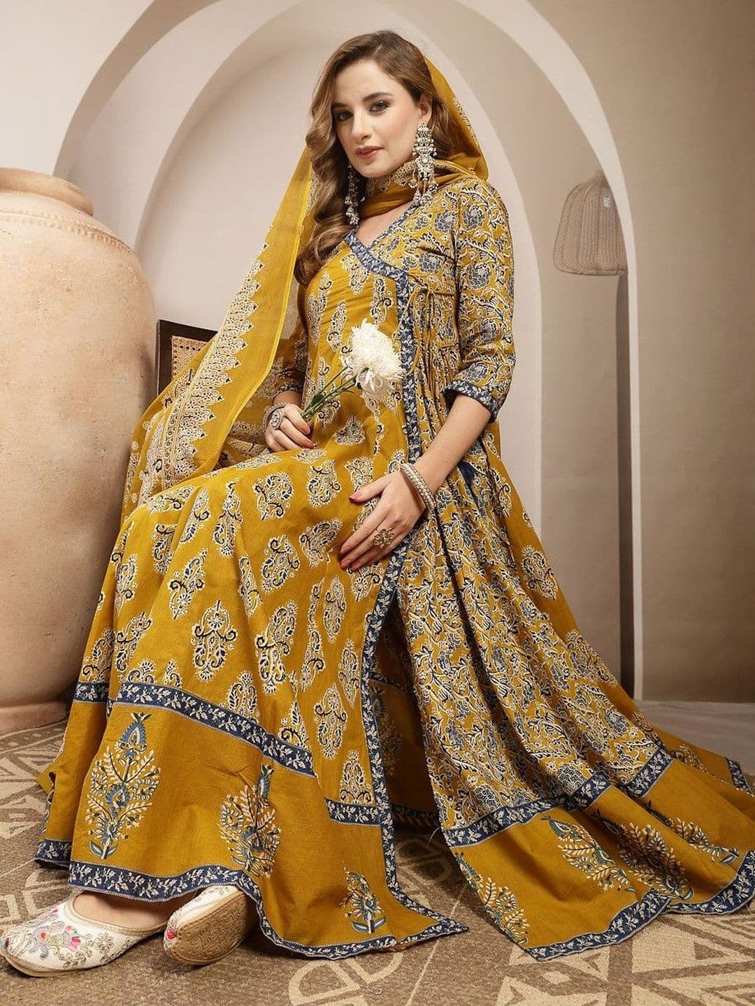 NISHABD Women Ethnic Motifs Printed Angrakha Kurta with Trousers & With Dupatta - view 1