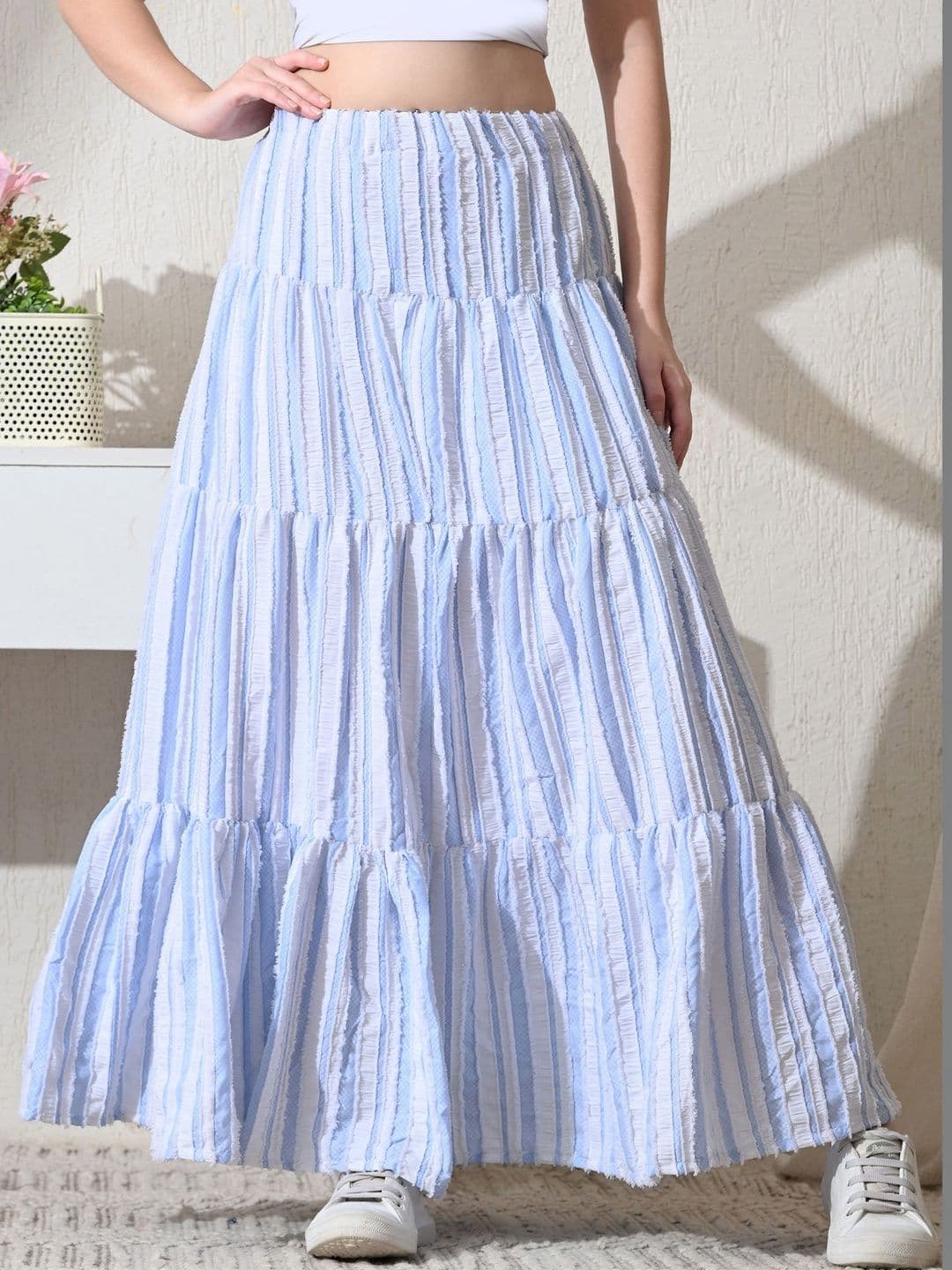 YANAMORA Women Striped Tiered Maxi Flared Skirt - view 1