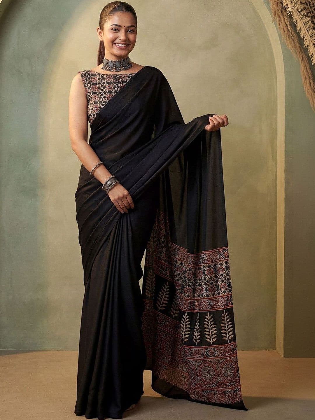 Anouk Rustic Ethnic Motifs Ajrak Printed Party Wear Matching Blouse Sarees - view 1