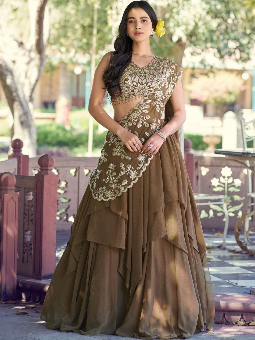 LOOKNBOOK ART Embroidered Thread Work Ready to Wear Lehenga & Unstitched Blouse With Dupatta - view 1