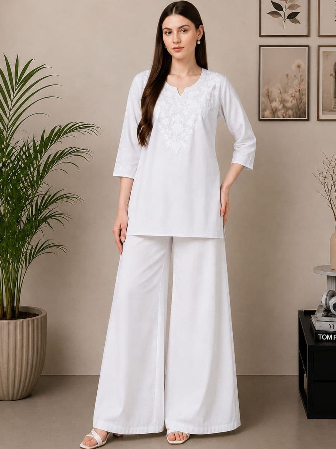 CROWN KING Women Ethnic Motifs Embroidered Regular Chikankari Kurta with Palazzos - view 1