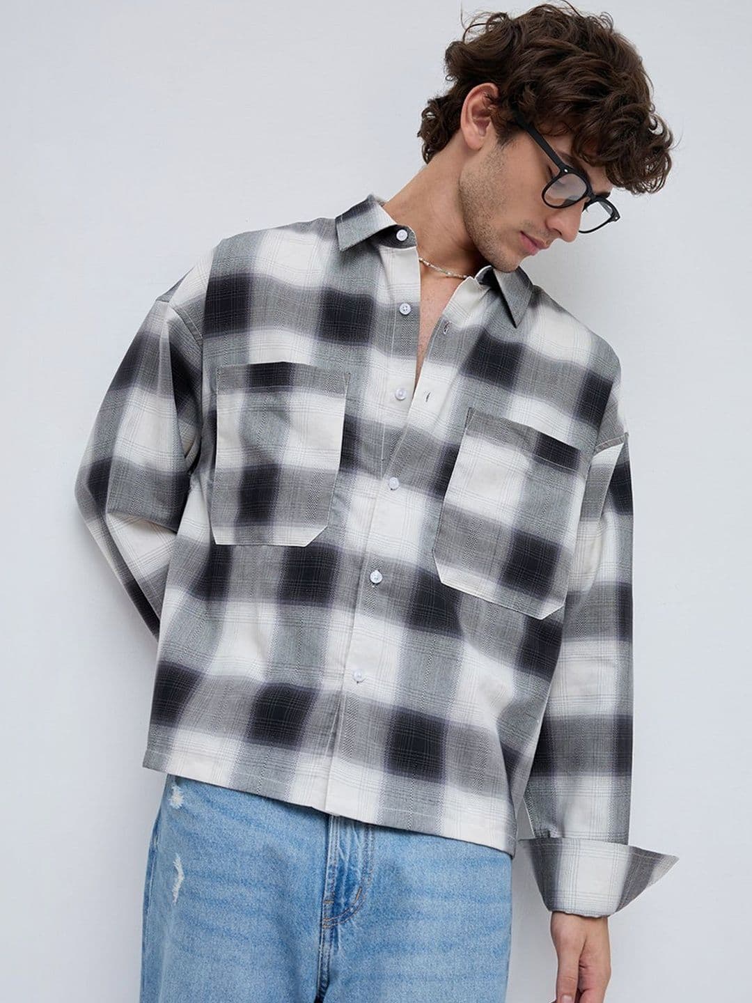 VASTRADO Monochrome Bold Grid Boxy Fit Crop Utility Shirt - view 1