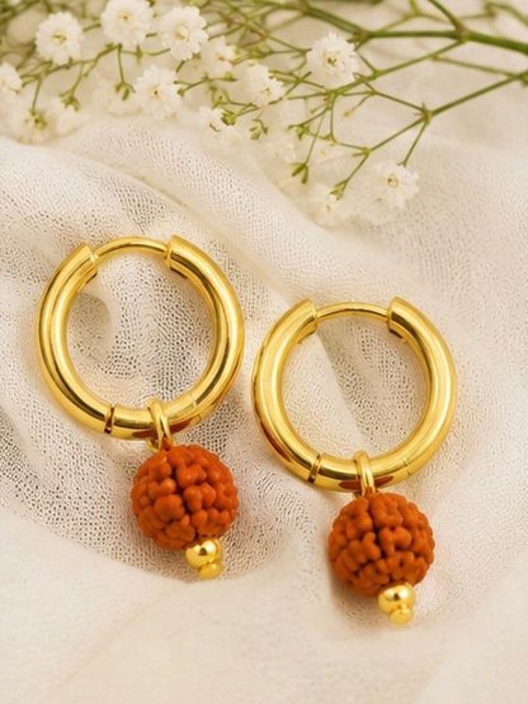 Inites Unisex Stainless Steel Gold-Plated Rudraksh Beaded Circular Shaped Hoop Earrings - view 1