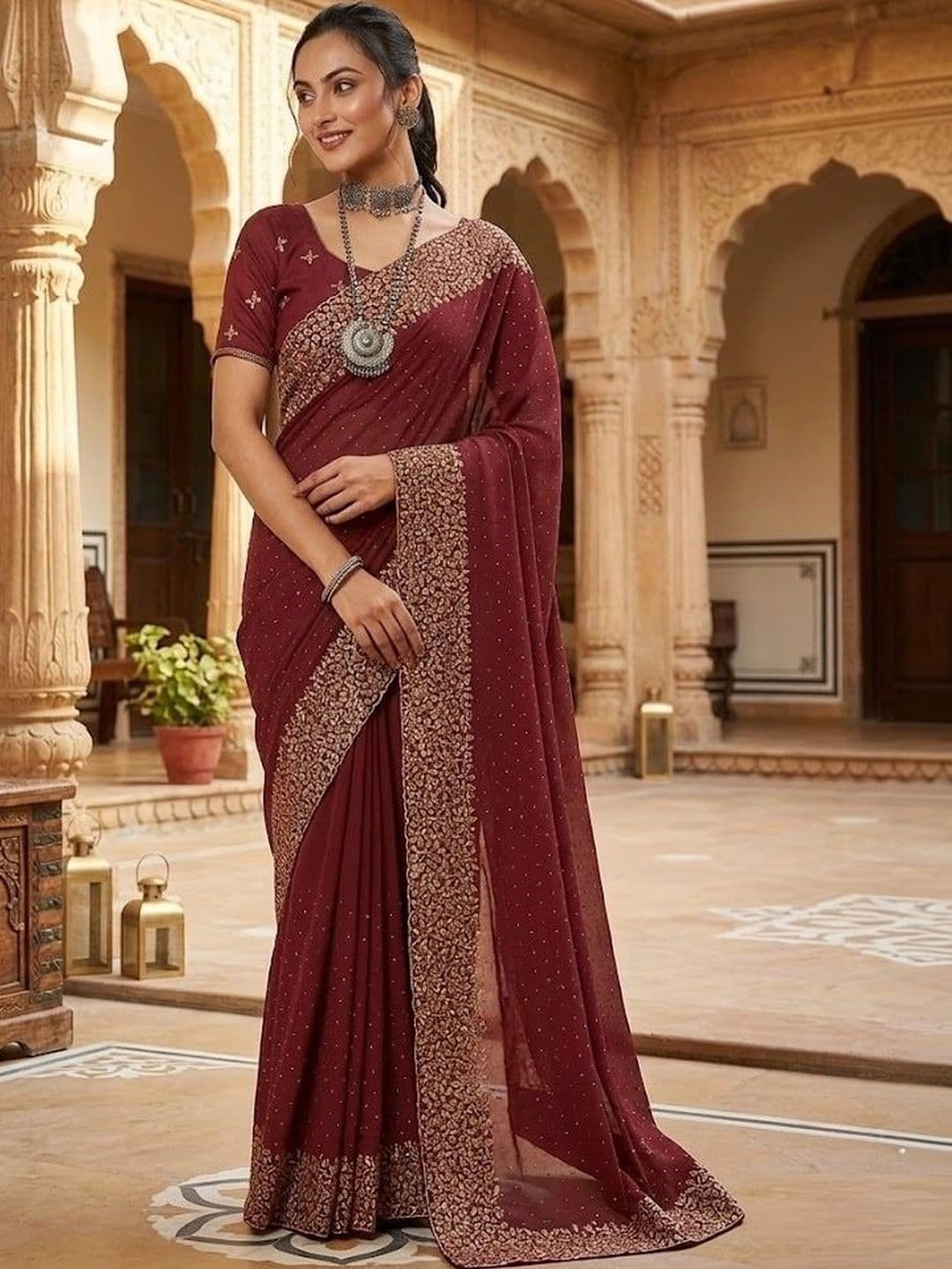 FABMORA Embellished Embroidered Silk Blend Saree - view 1