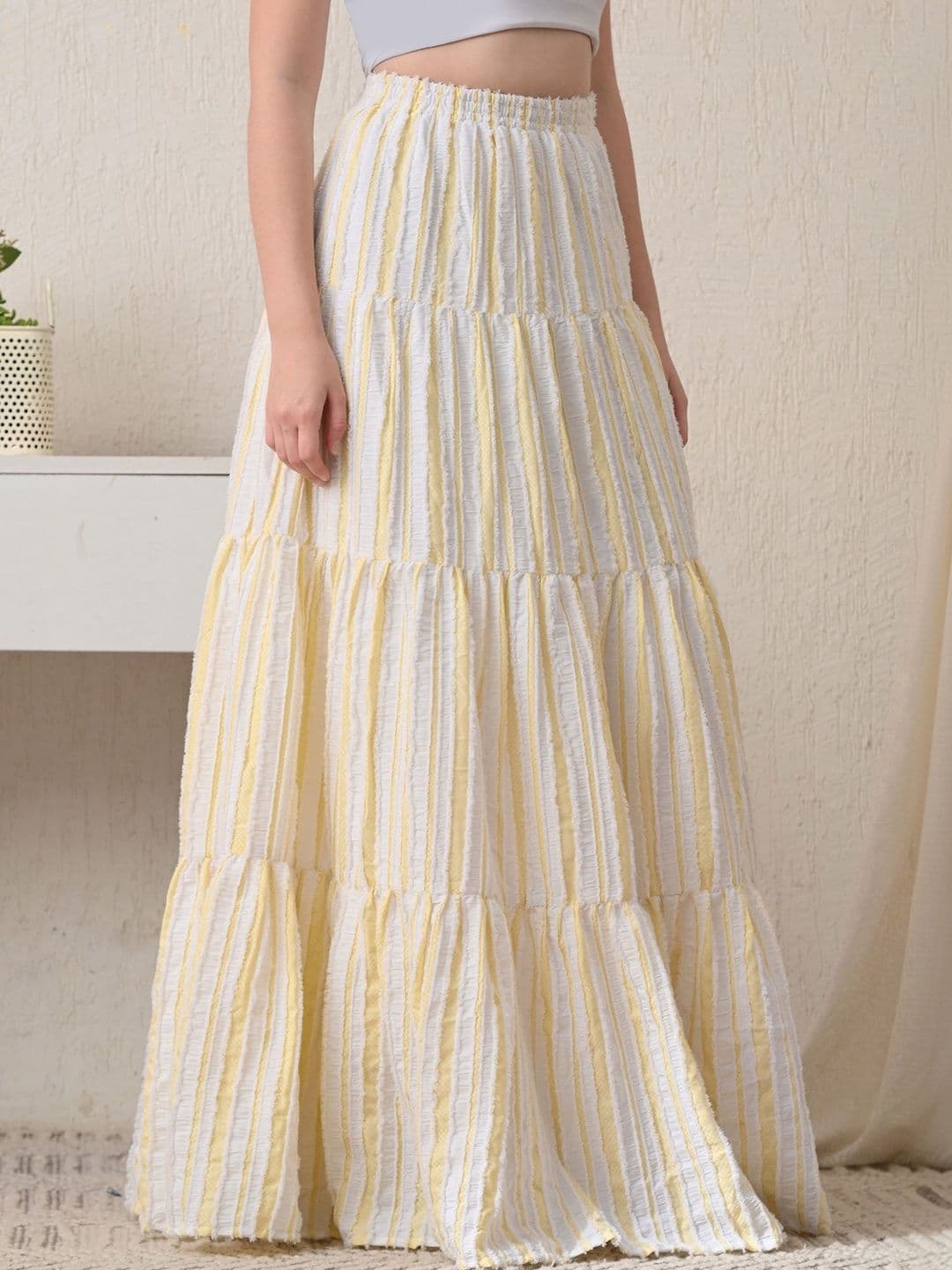 YANAMORA Women Striped Tiered Maxi Flared Skirt - view 1