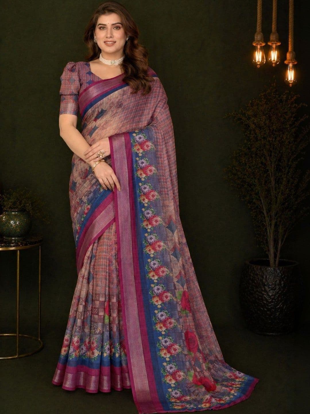 HERE&NOW Floral Zari Linen Blend Fusion Block Print Saree - view 1