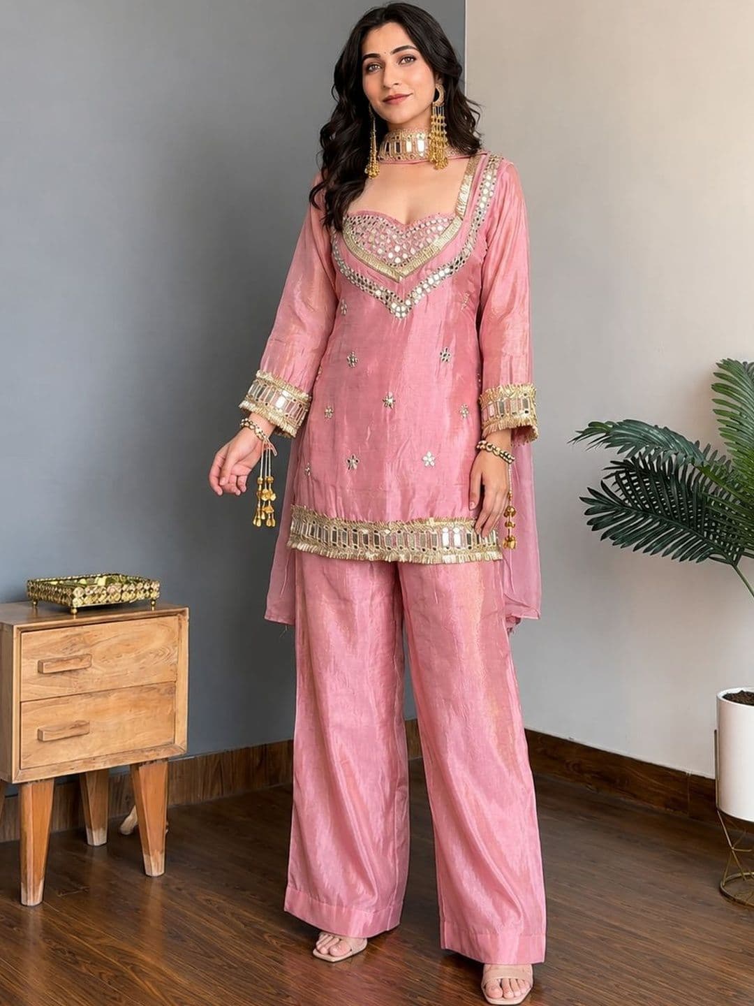 all about you Women Regular Mirror Work Kurta with Palazzos & With Dupatta - view 1