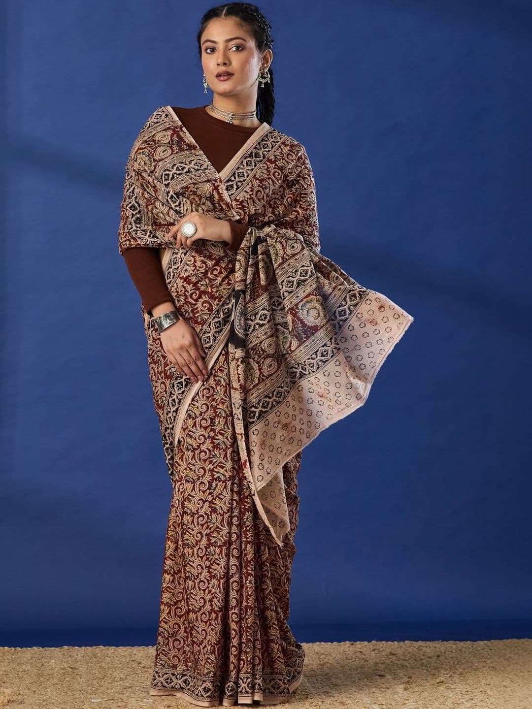 Taavi Women Hand Block Printed Kalamkari Pure Cotton Saree With Attached Unstitched Blouse - view 1