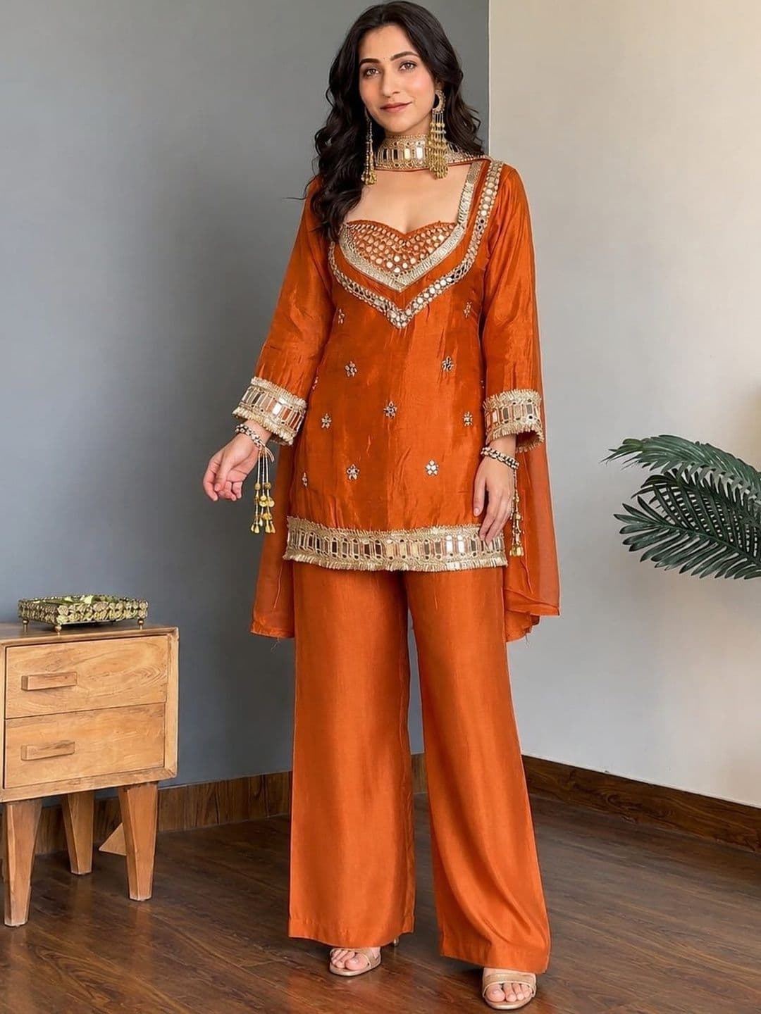 all about you Women Ethnic Motifs Embroidered Regular Mirror Work Kurta with Palazzos & With Dupatta - view 1