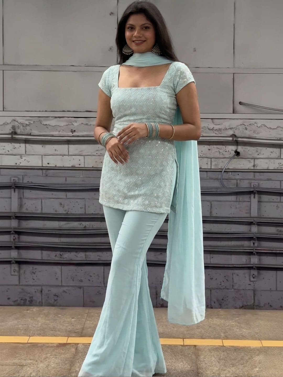 DISHWA FASHION Women Embroidered Regular Sequinned Kurta with Sharara & Dupatta - view 1