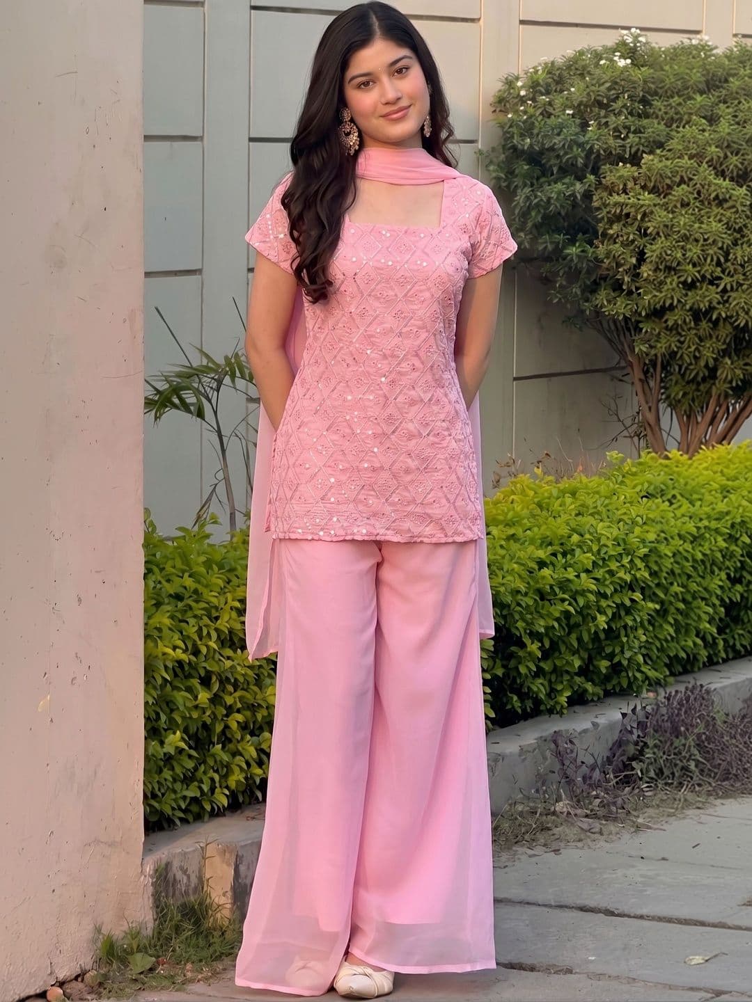 DISHWA FASHION Women Ethnic Motifs Embroidered Regular Sequinned Kurta with Palazzos & With Dupatta - view 1