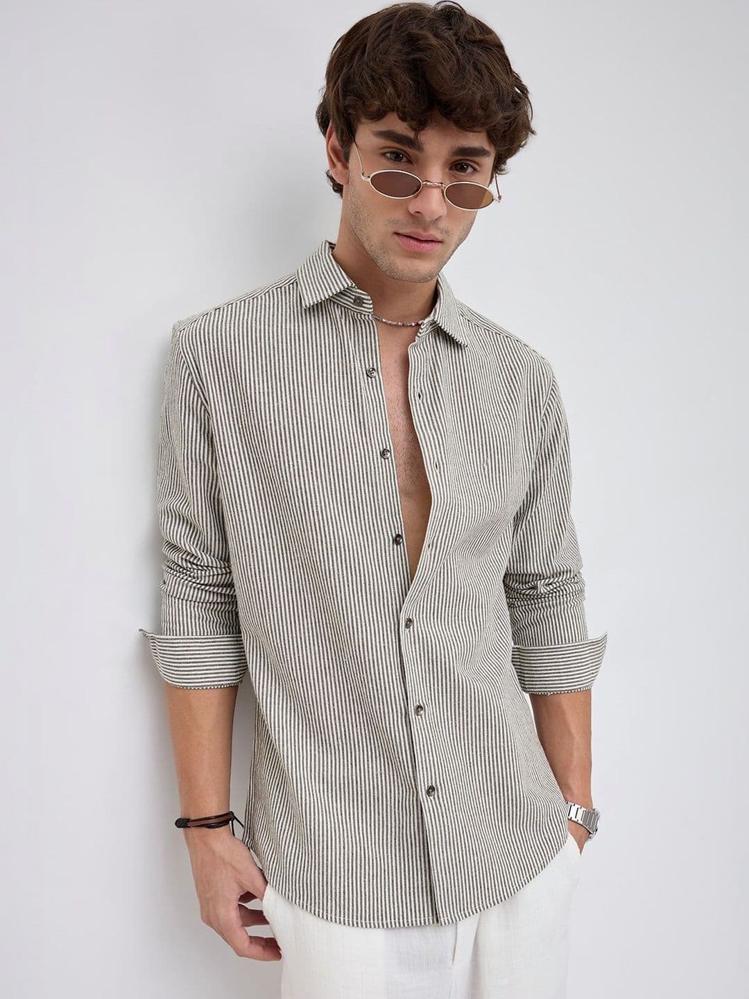 VASTRADO Olive & White Vertical Striped Relaxed Shirt - view 1