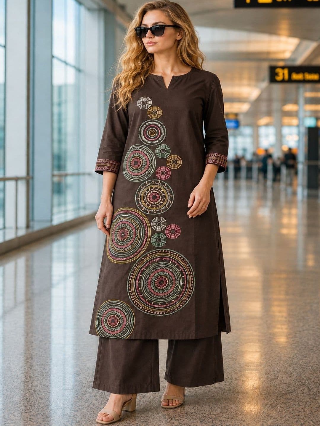 Berrylicious Women Ethnic Motifs Embroidered Regular Thread Work Pure Cotton Kurta with Palazzos - view 1