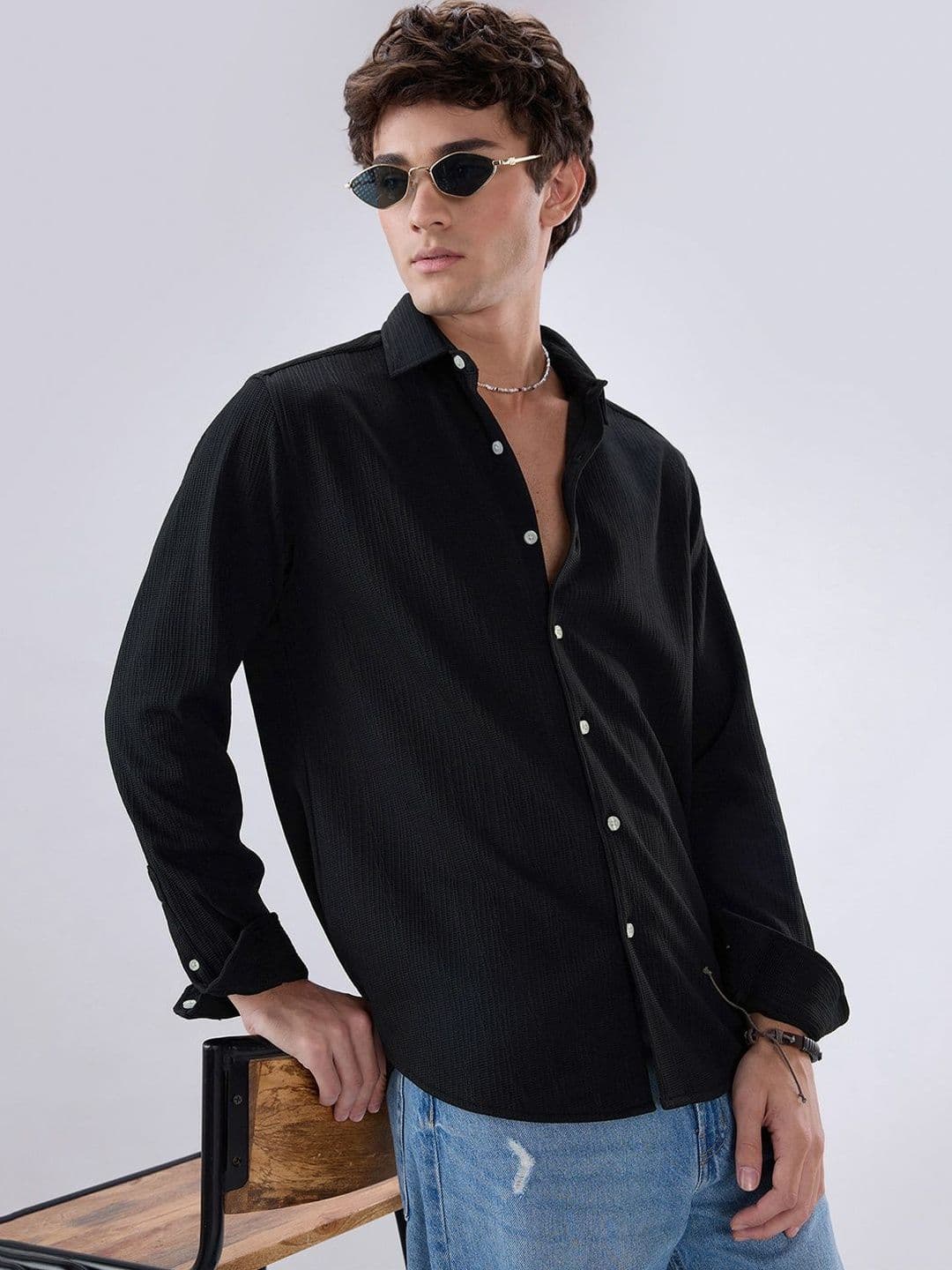 VASTRADO Jet Black Matrix Weave Knitted Shirt - view 1
