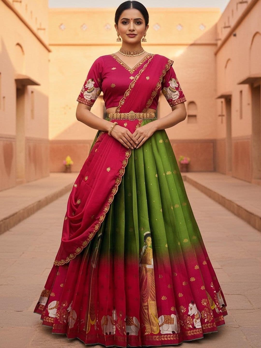 Pink Bindi Embroidered Sequinned Kalamkari Unstitched Lehenga & Blouse With Dupatta - view 1