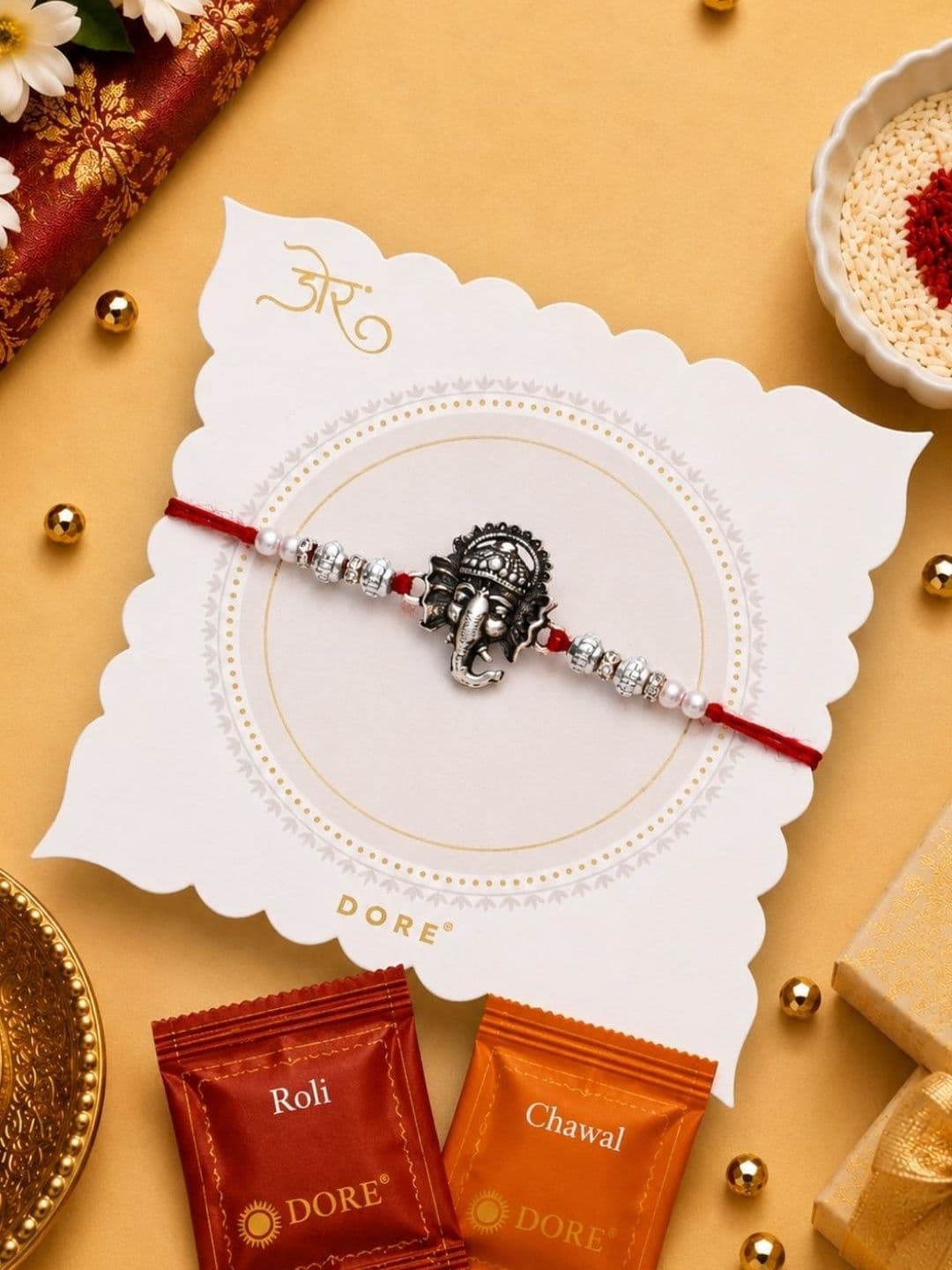 Dore Oxidized Silver Antique Ganesha Rakhi with Roli Chawal