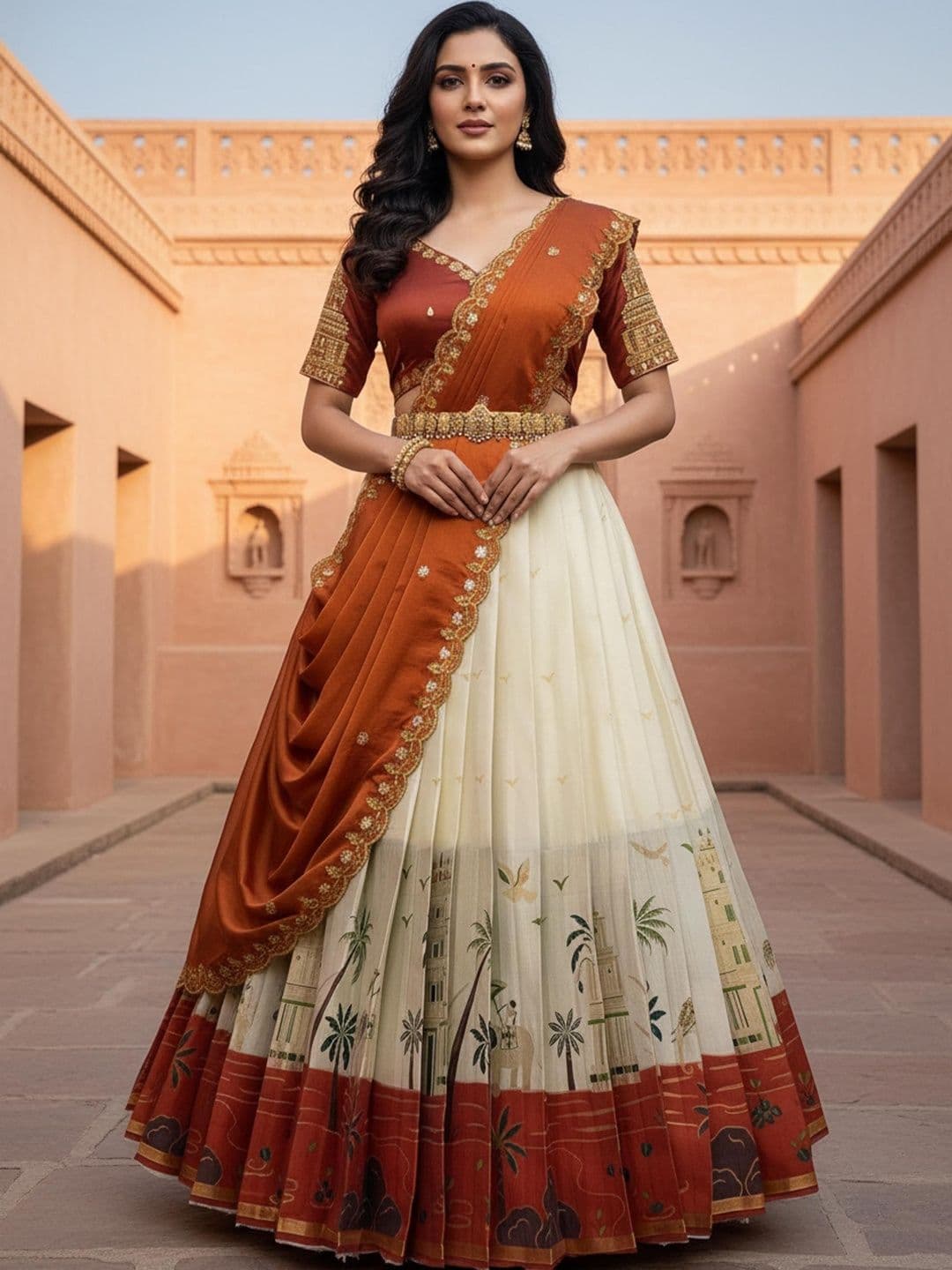Pink Bindi Embellished Unstitched Lehenga & Blouse With Dupatta - view 1