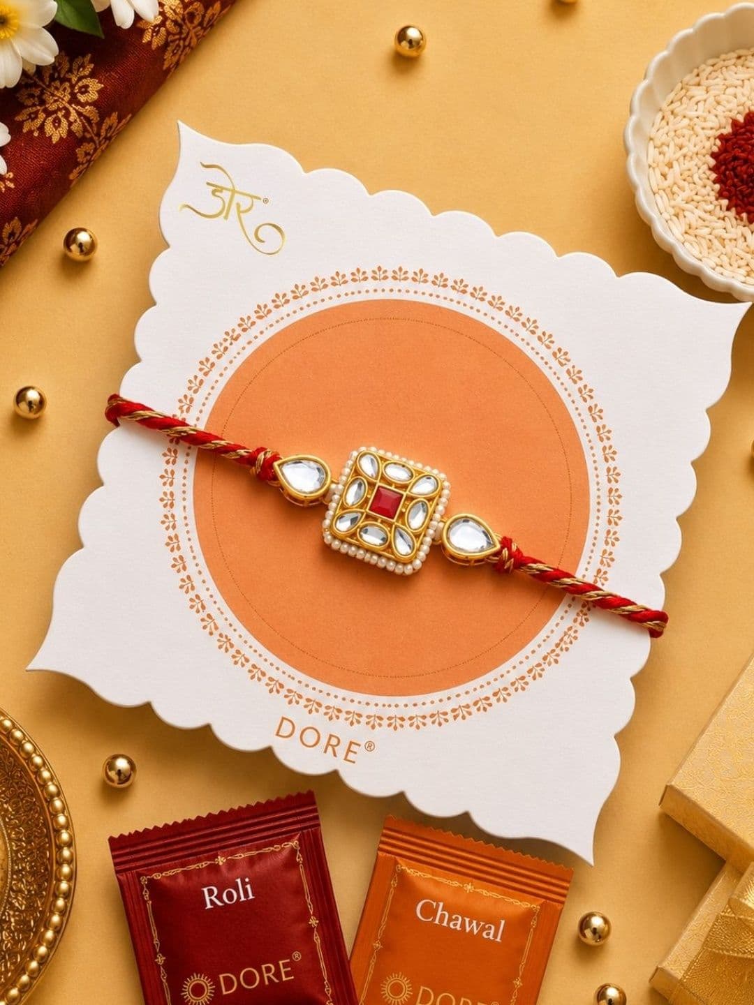 Dore Red Meena Work Square Jaipuri Kundan Rakhi - view 1