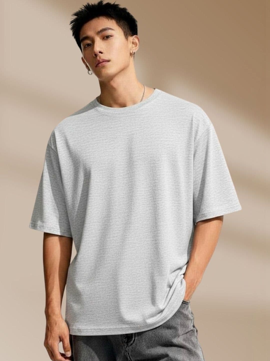 Cool Plus Grey Melange Relaxed Fit T-shirt with Drop-Shoulder Sleeves - view 1