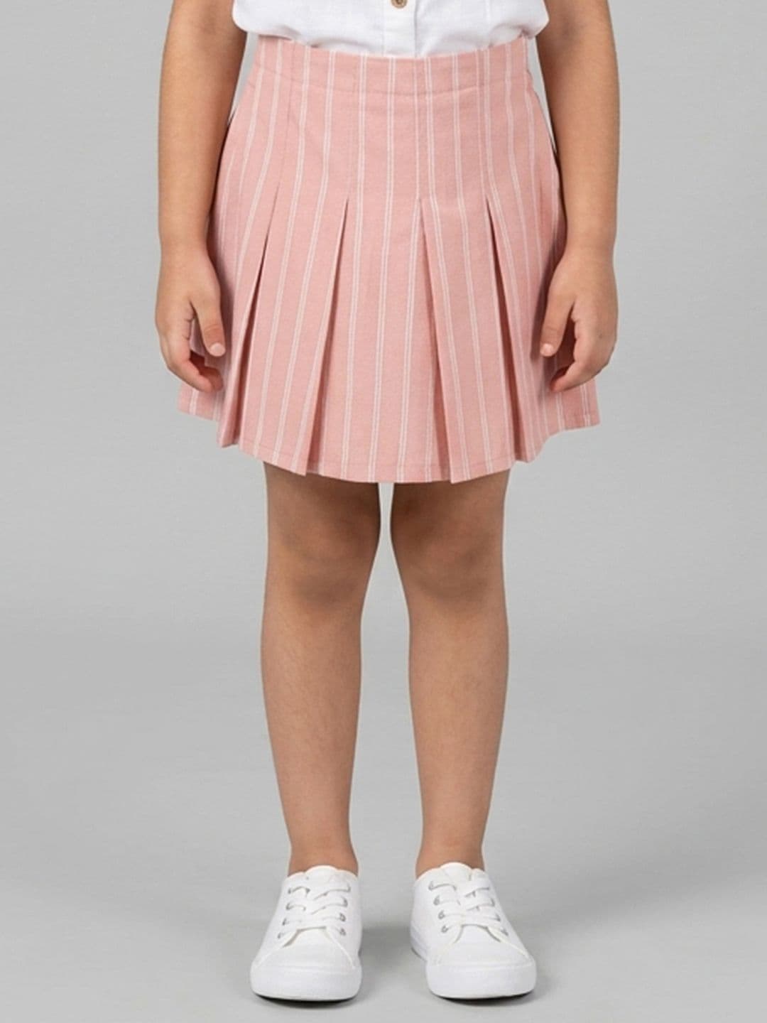 Peach Girls Pure Cotton Pink Striped Box Pleat Skirt - view 1