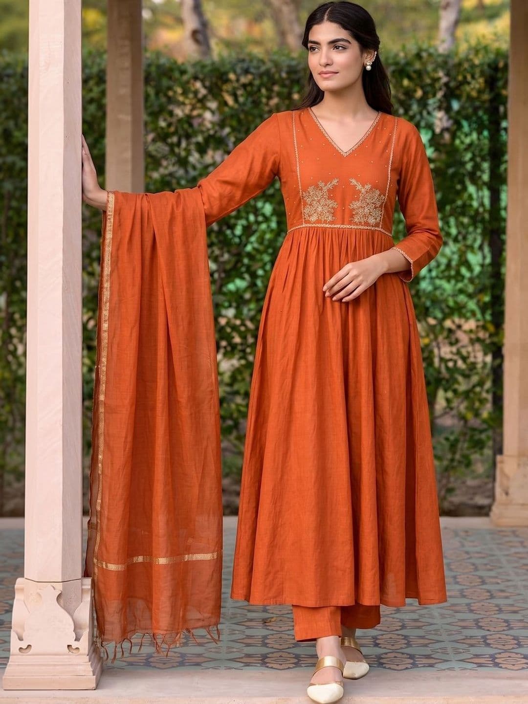 Sangria Women Ethnic Motifs Embroidered Empire Kurta with Trousers & With Dupatta - view 1