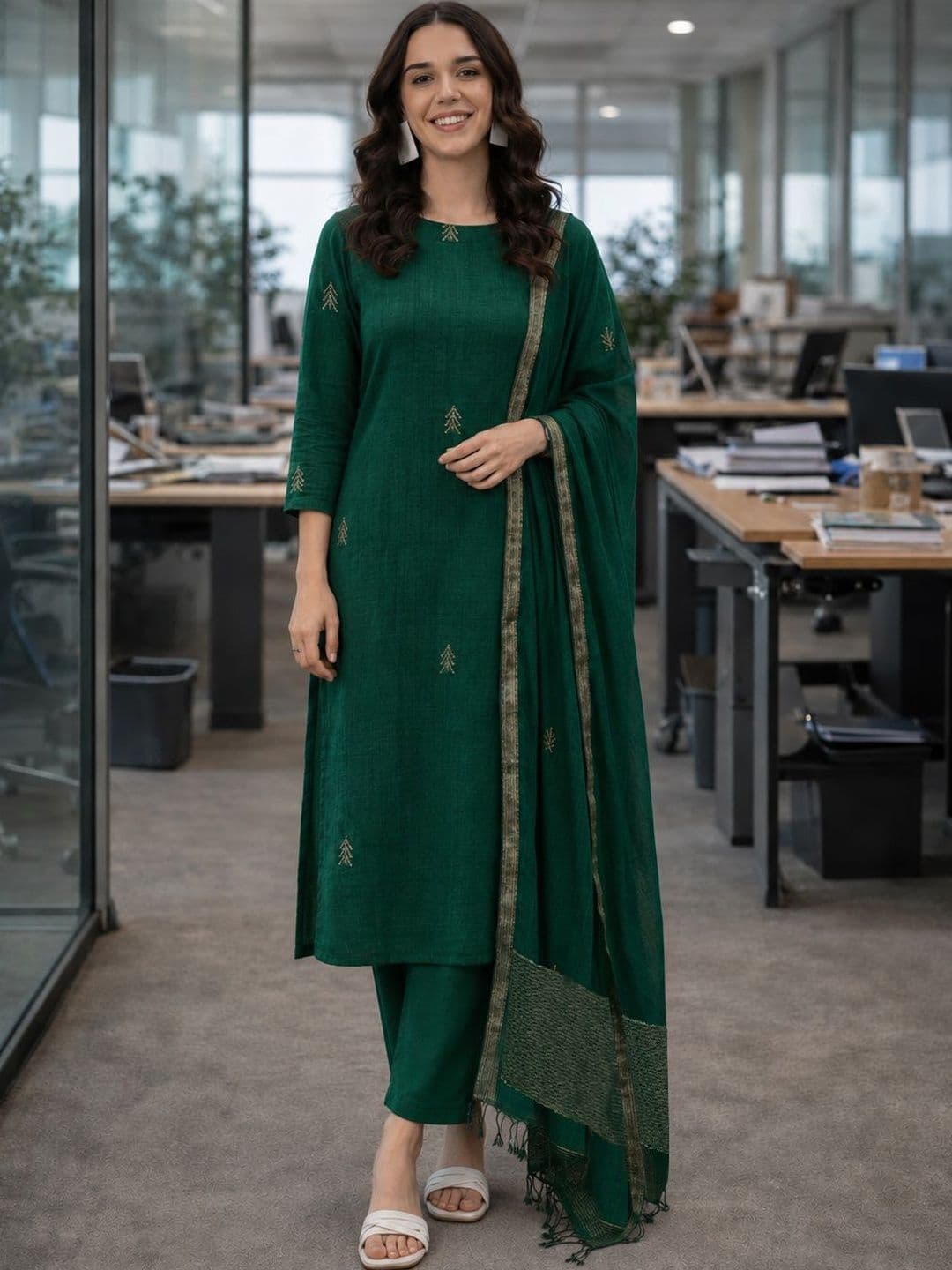 Sangria Women Ethnic Motifs Embroidered Regular Thread Work Kurta with Trousers & With Dupatta - view 1