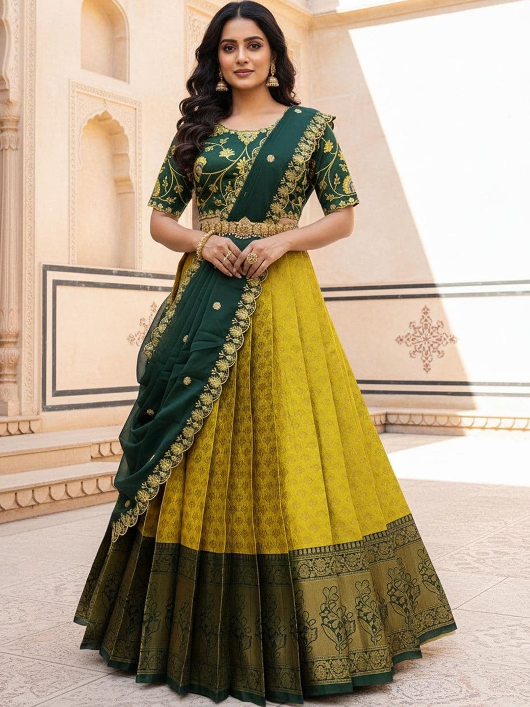 Pink Bindi Embroidered Unstitched Lehenga & Blouse With Dupatta - view 1