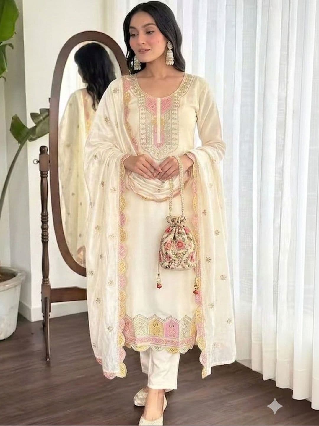 DHRUMI FASHION Women Ethnic Motifs Embroidered Regular Thread Work Pure Cotton Kurta with Trousers & With - view 1