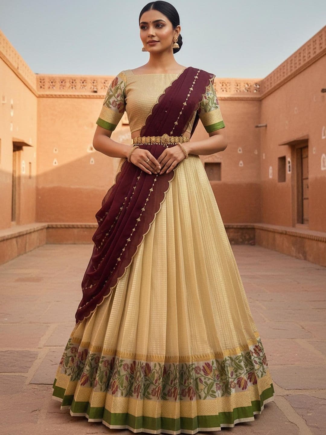 Pink Bindi Embroidered Sequinned Unstitched Lehenga & Blouse With Dupatta - view 1
