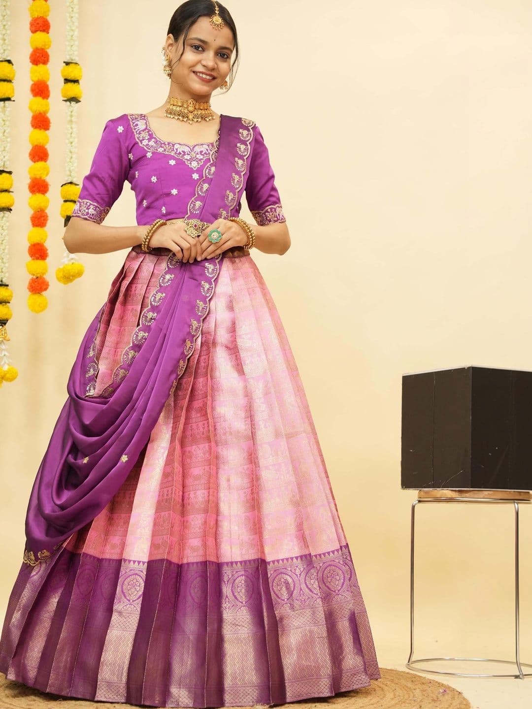 Pink Bindi Embroidered Unstitched Lehenga & Blouse With Dupatta - view 1