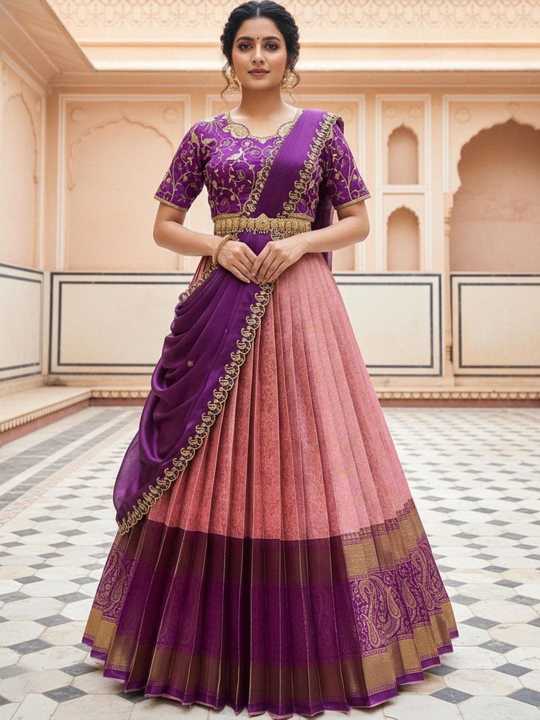 Pink Bindi Embroidered Unstitched Lehenga & Blouse With Dupatta - view 1