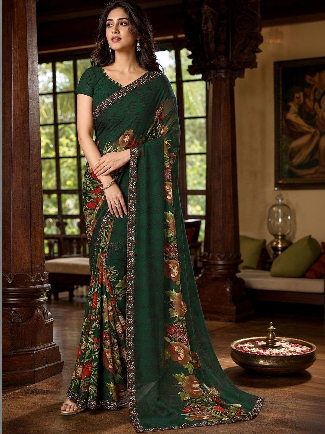 ANIRAV Floral Poly Georgette Saree - view 1