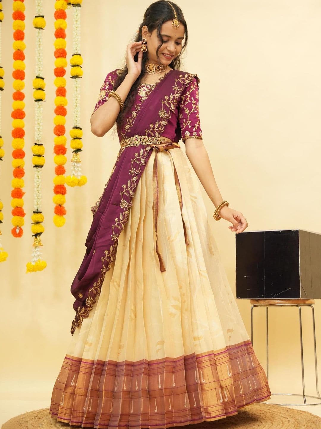 Pink Bindi Embroidered Thread Work Unstitched Lehenga & Blouse With Dupatta - view 1