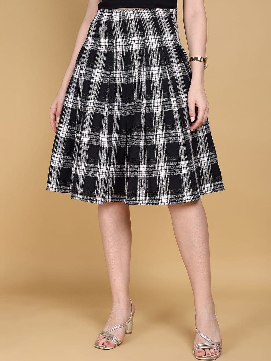 Kinjo Women Pure Cotton Checked Knee Length Flared Skirt - view 1