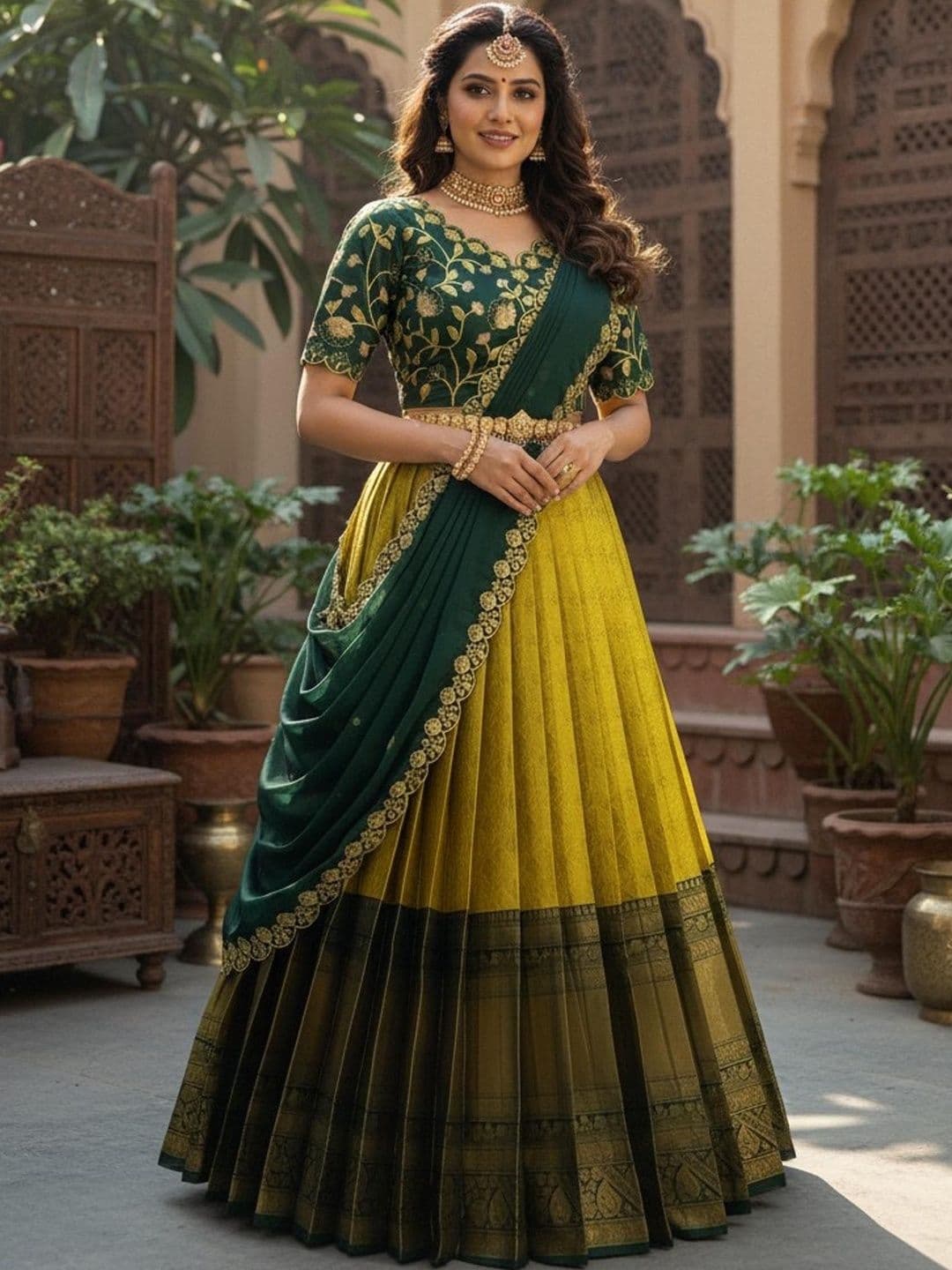 Pink Bindi Embroidered Unstitched Lehenga & Blouse With Dupatta - view 1