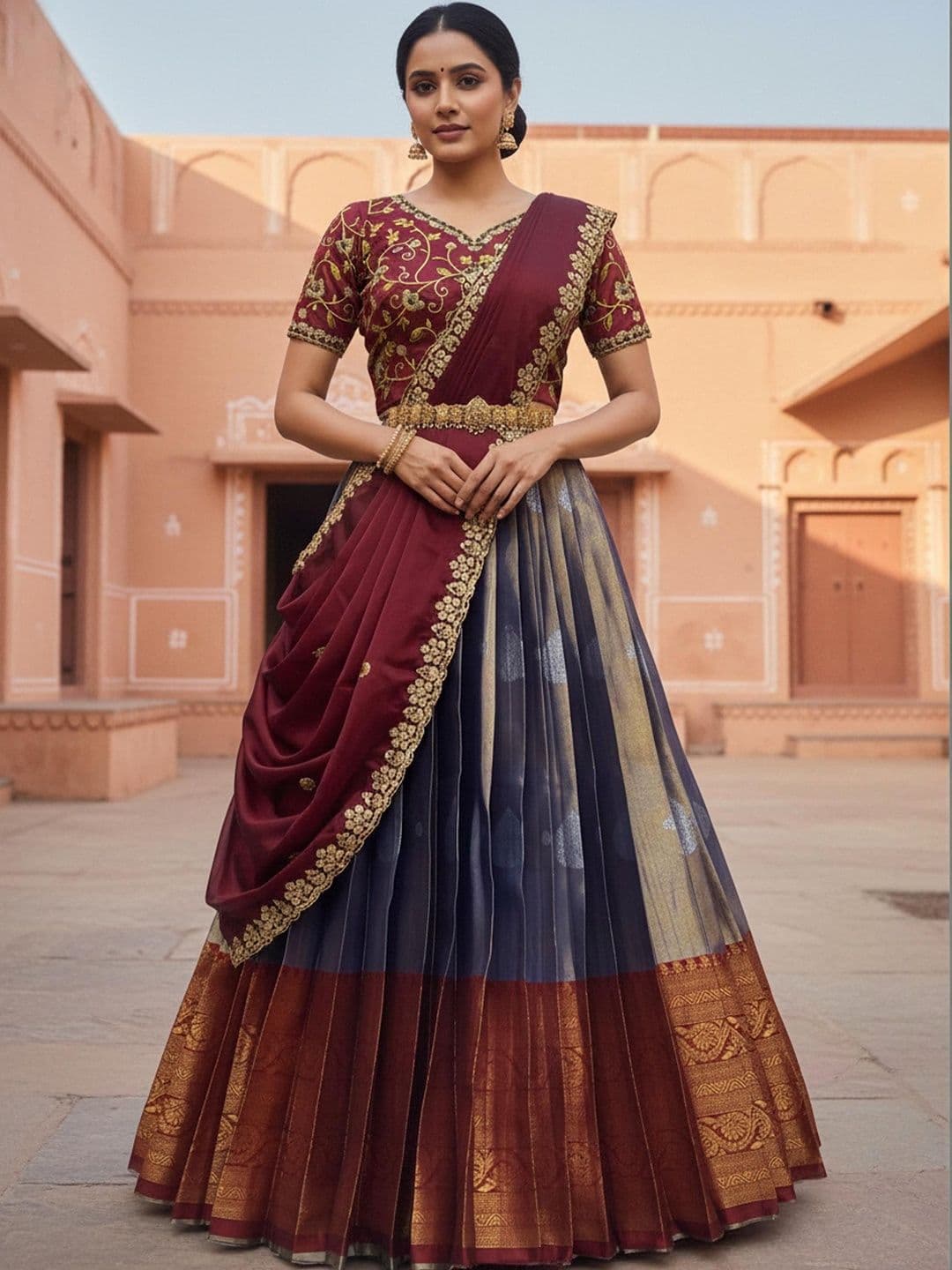 Pink Bindi Embroidered Sequinned Unstitched Lehenga & Blouse With Dupatta - view 1