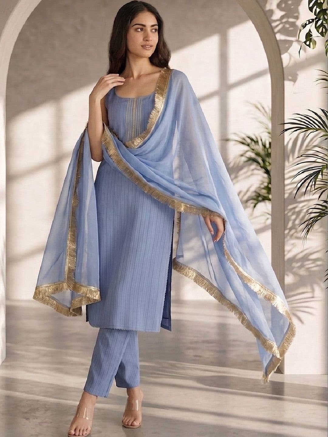 Varanga Women Ethnic Motifs Yoke Design Regular Thread Work Silk Crepe Kurta with Trousers & With Dupatta - view 1