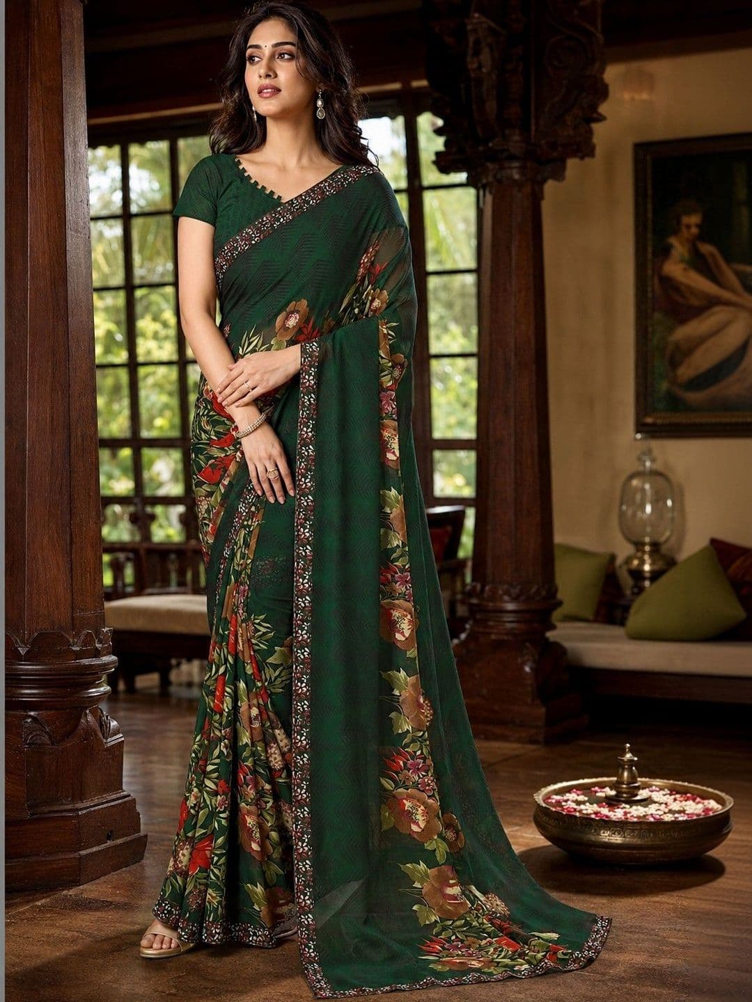 Sangria Floral Poly Georgette Saree - view 1