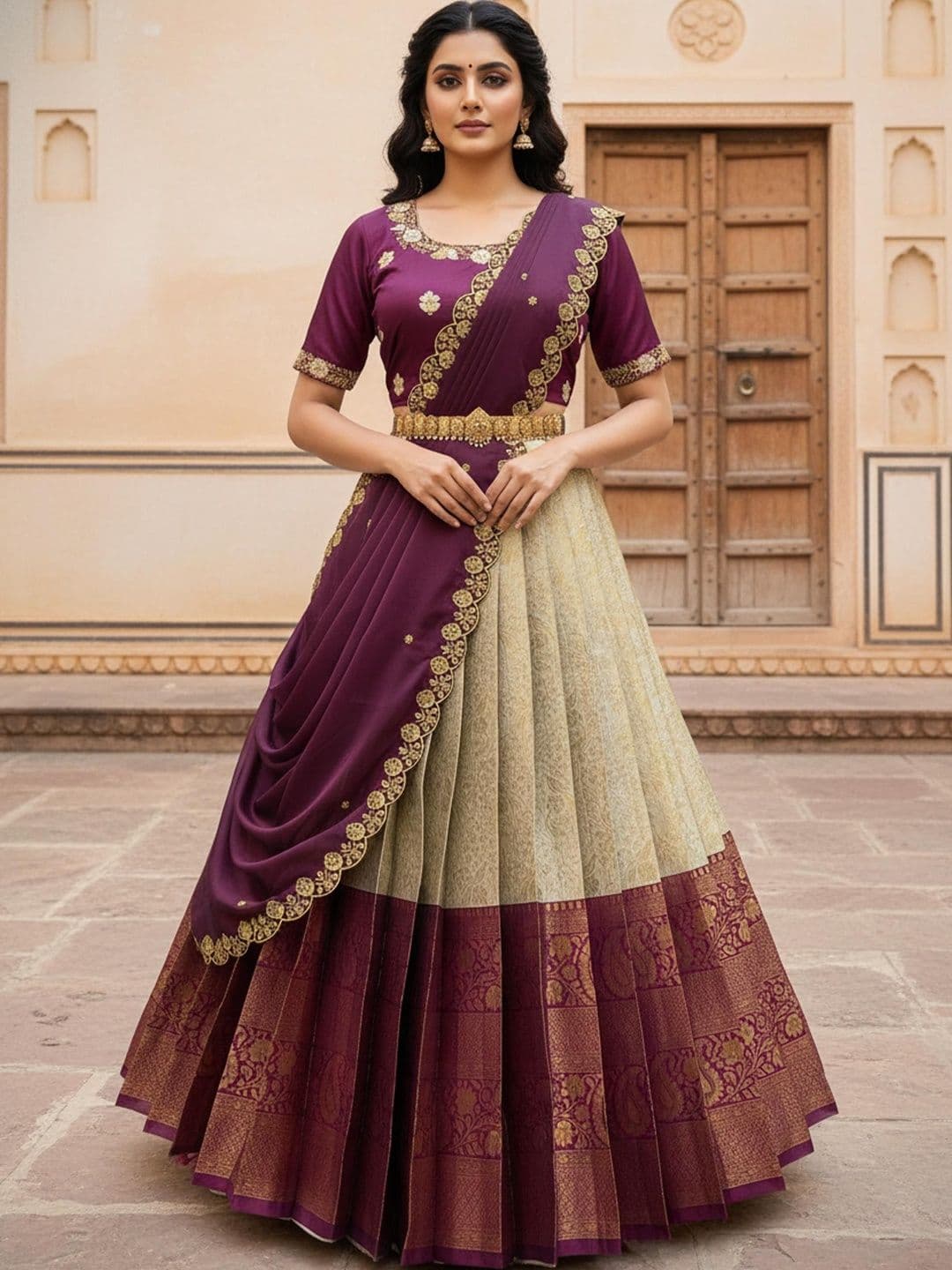 Pink Bindi Embroidered Unstitched Lehenga & Blouse With Dupatta - view 1