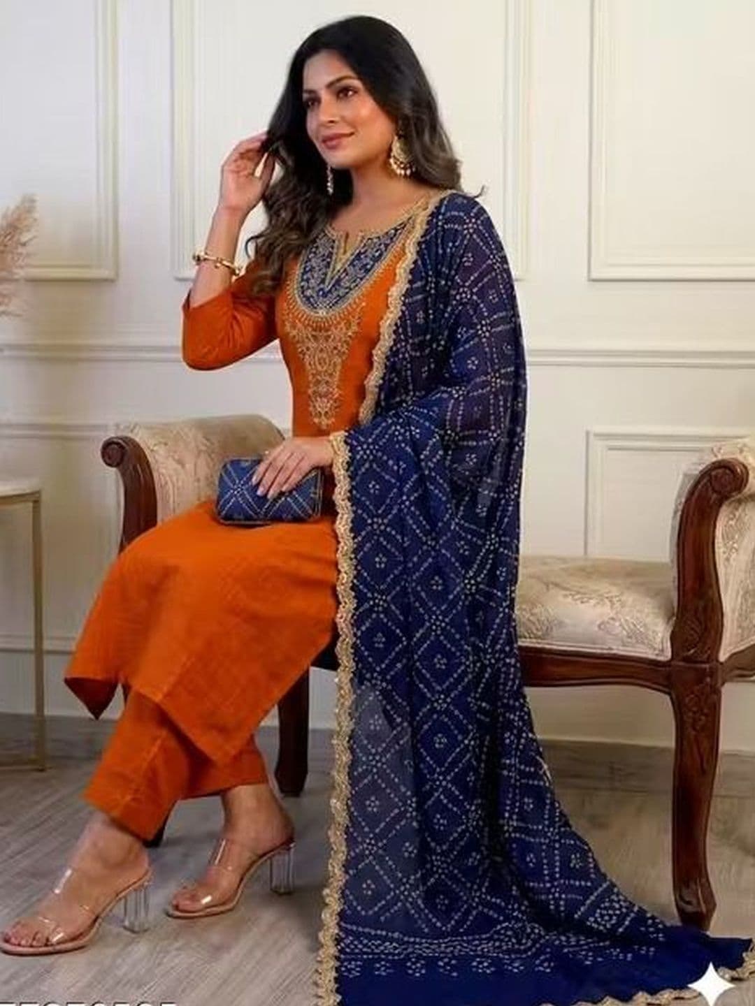 DHRUMI FASHION Women Ethnic Motifs Embroidered Regular Thread Work Pure Cotton Kurta with Trousers & With - view 1