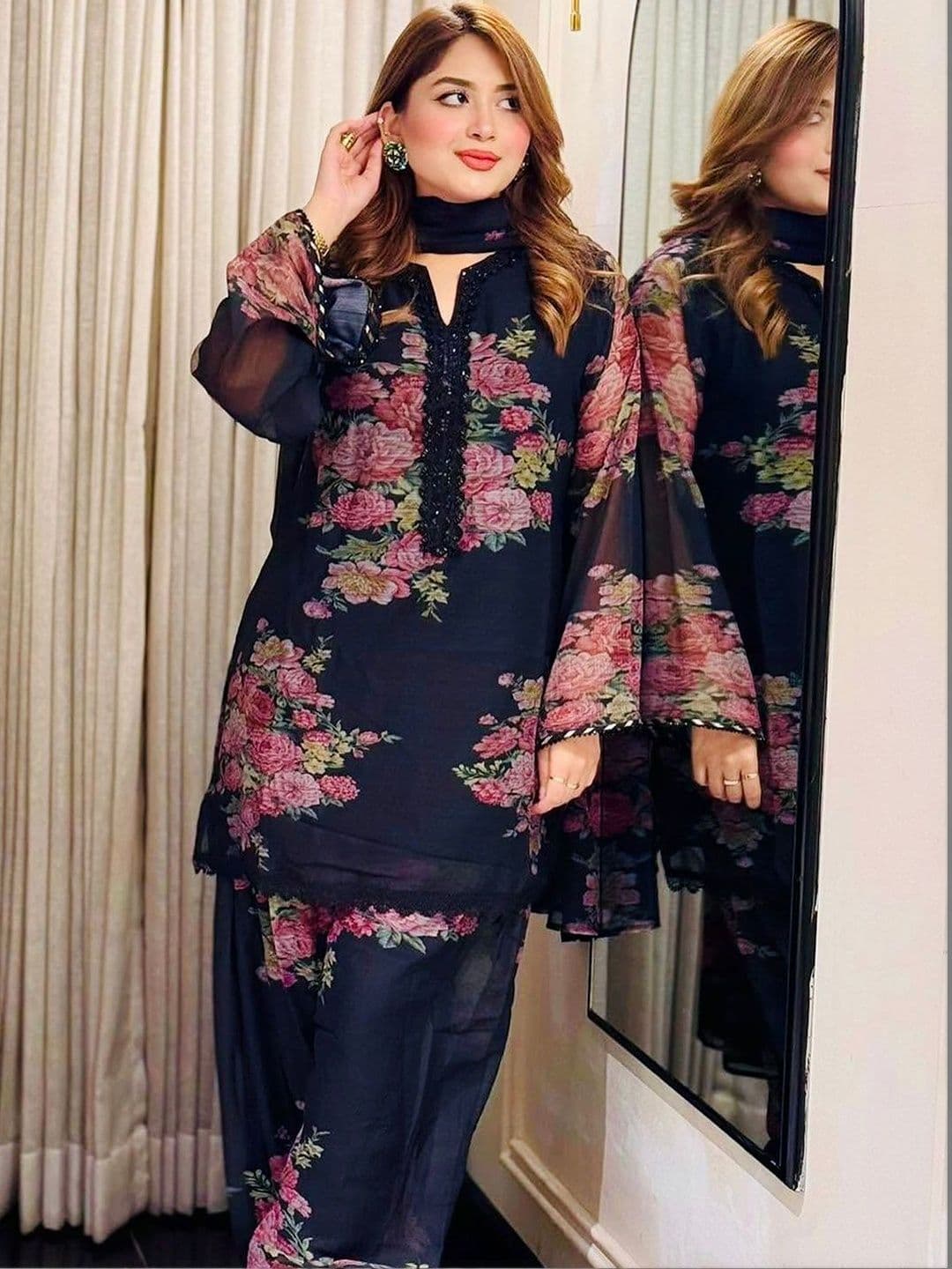 Milvia Women Floral Printed Beads and Stones Georgette Kurta with Patiala & With Dupatta - view 1