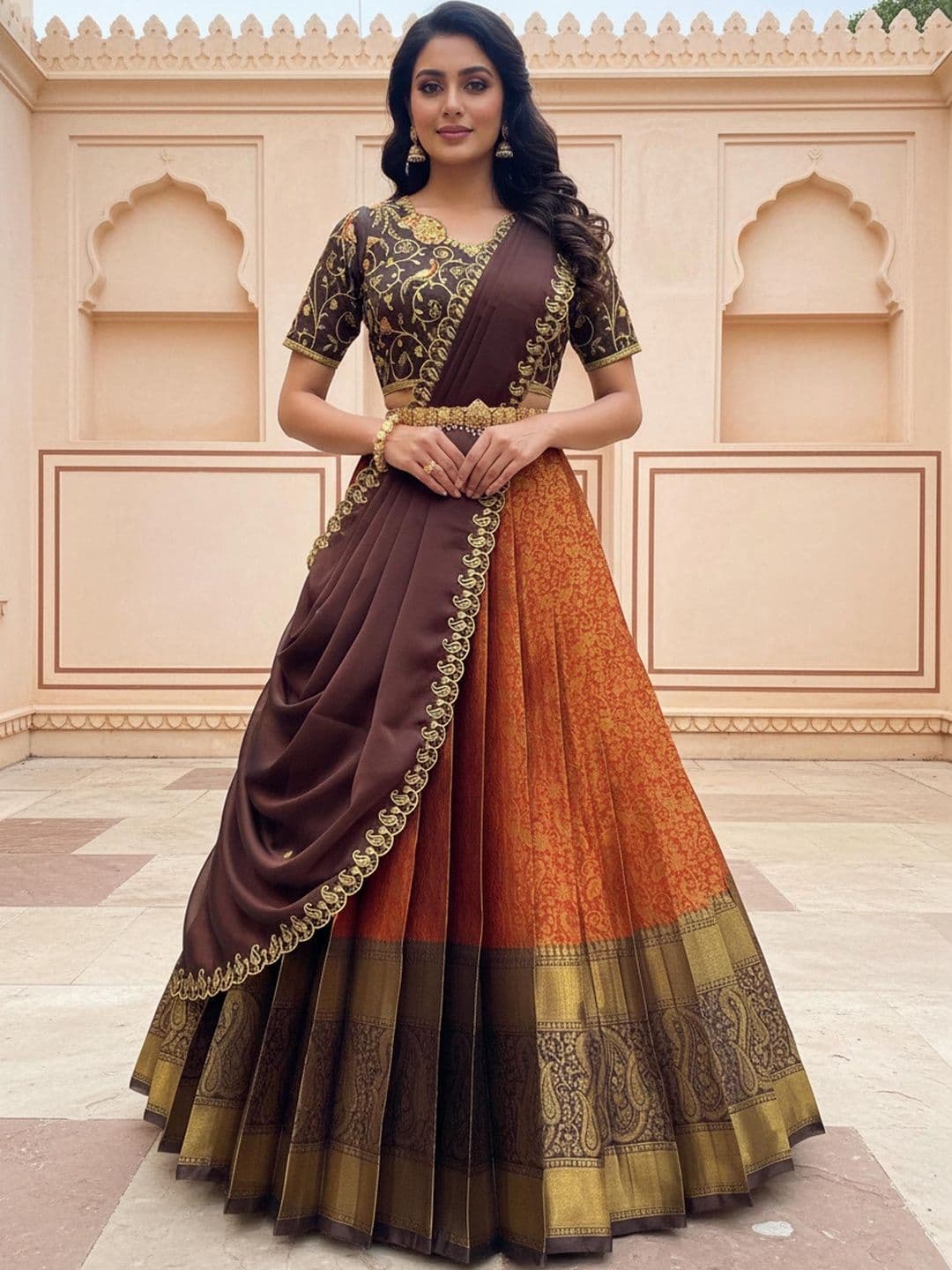 Pink Bindi Embroidered Unstitched Lehenga & Blouse With Dupatta - view 1