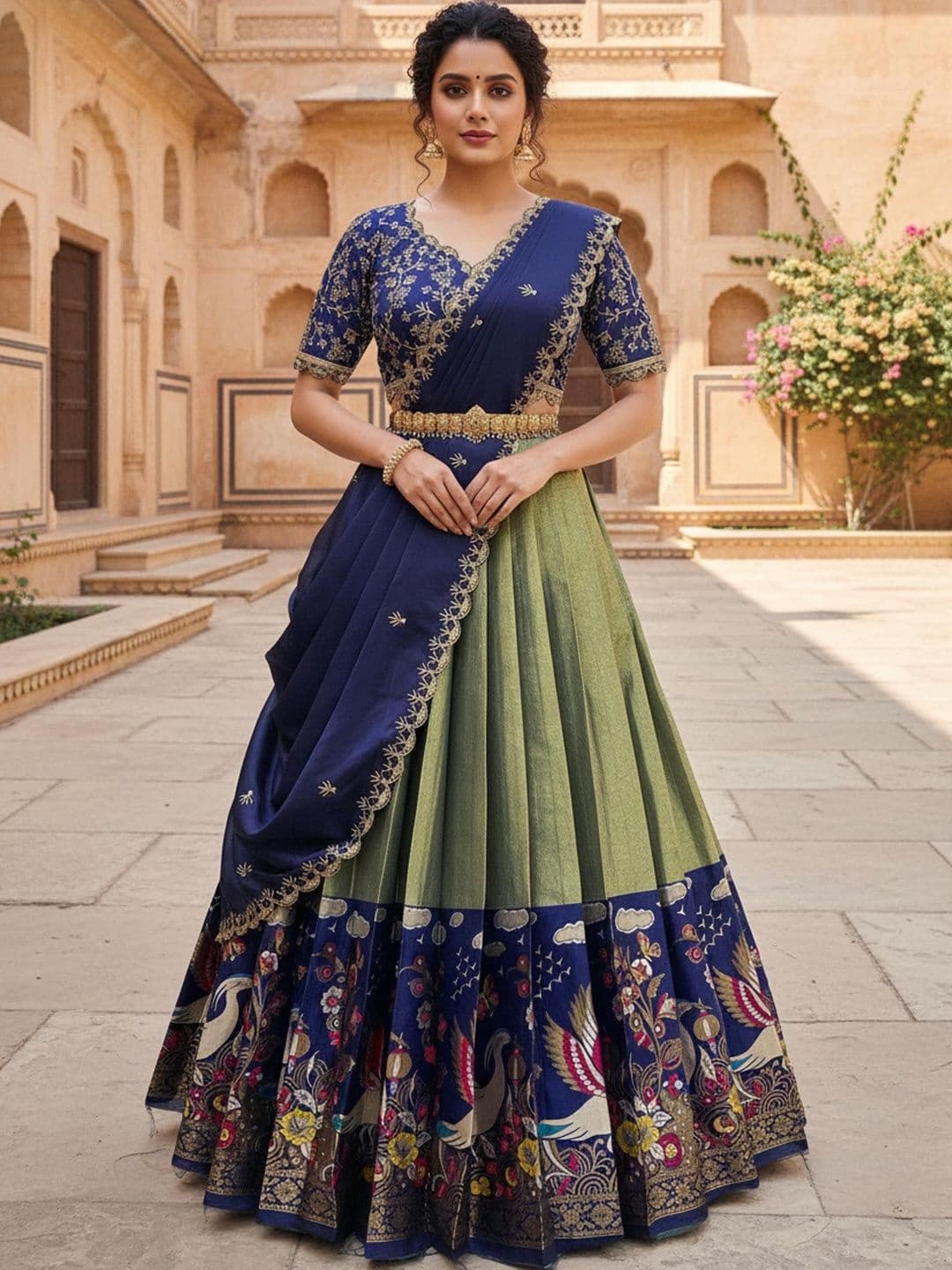 Pink Bindi Embellished Unstitched Lehenga & Blouse With Dupatta - view 1