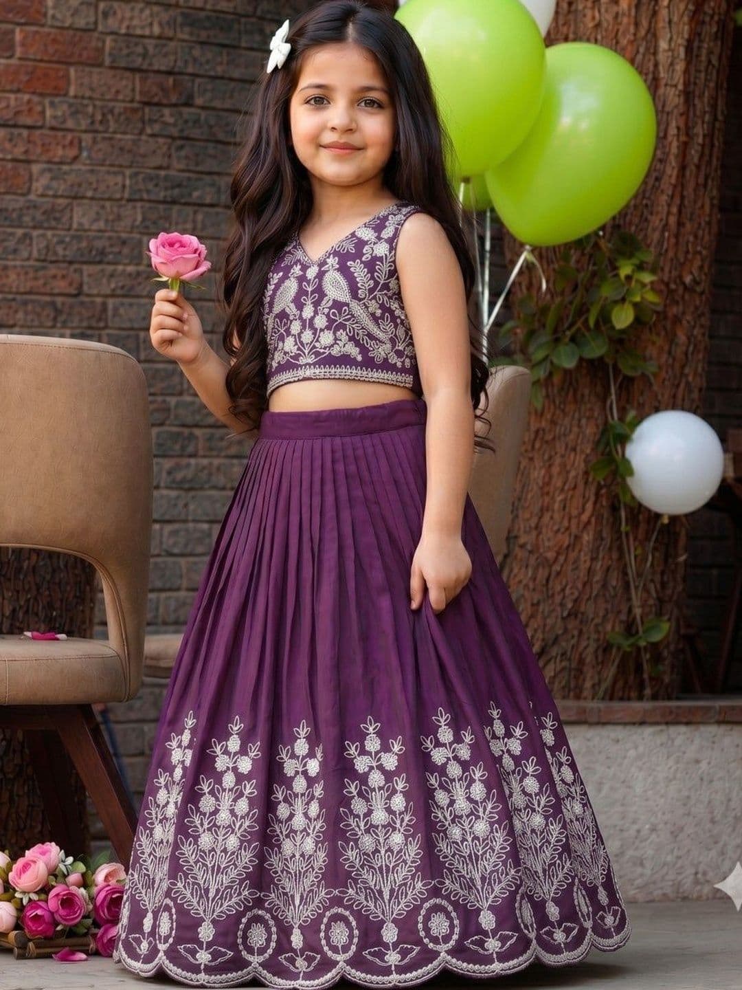 Sangria Girls Embroidered Thread Work Ready to Wear Lehenga & Blouse With Dupatta - view 1