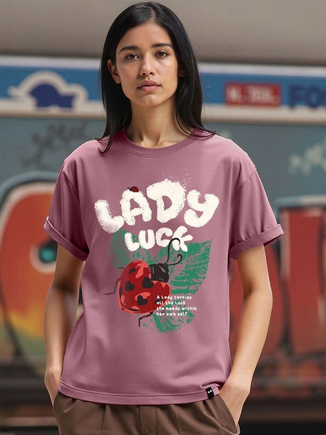 Bewakoof Women Mauve Lady Luck Graphic Printed Boyfriend T-shirt - view 1