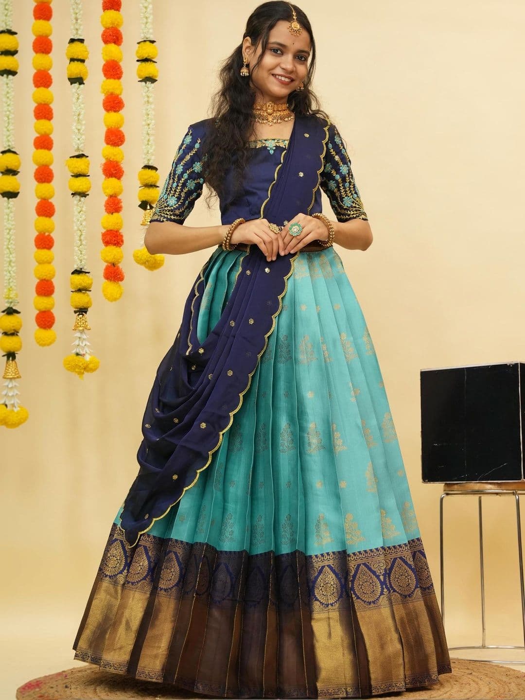 Pink Bindi Embroidered Unstitched Lehenga & Blouse With Dupatta - view 1