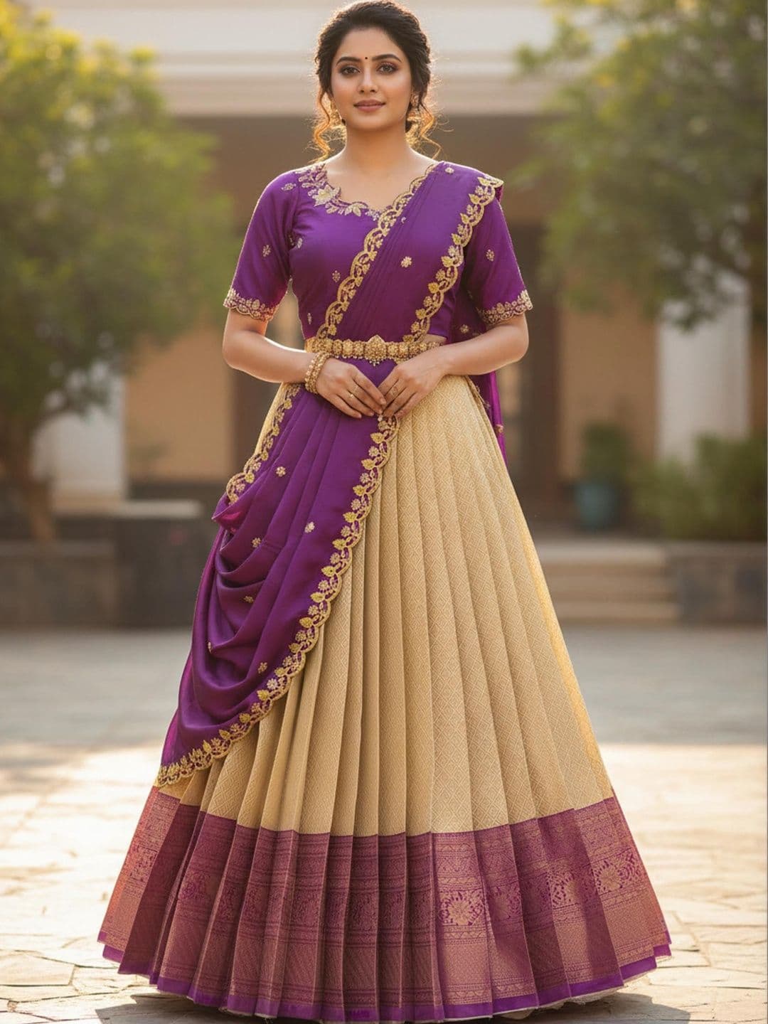 Pink Bindi Embroidered Unstitched Lehenga & Blouse With Dupatta - view 1