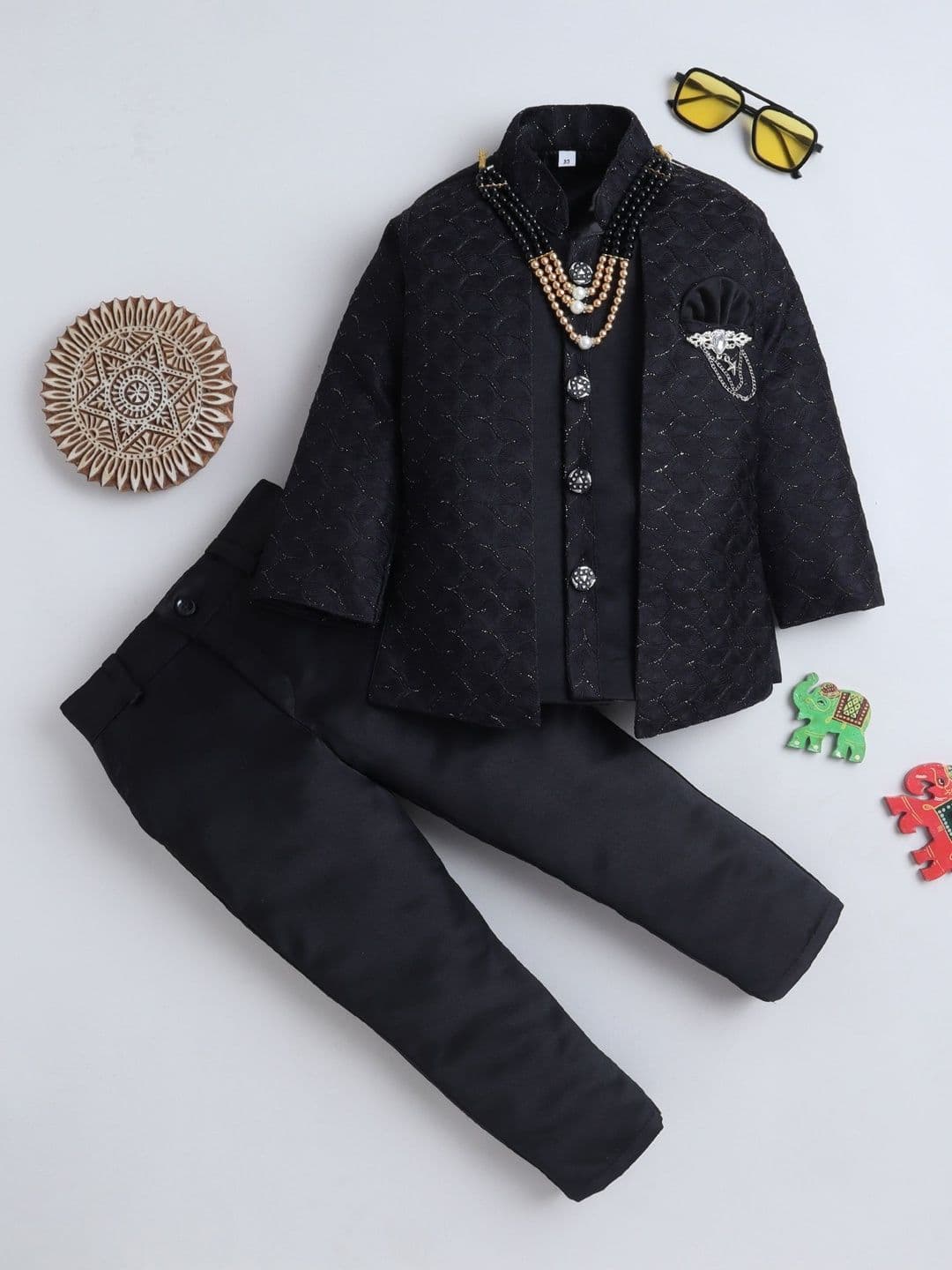 FOURFOLDS Boys Embroidered Mandarin Collar Sherwani Set